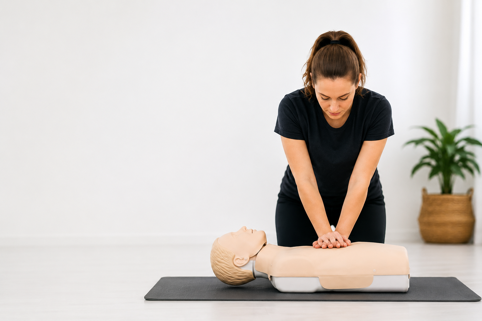 Photo demonstrating infant and child CPR chest compressions on a training manikin